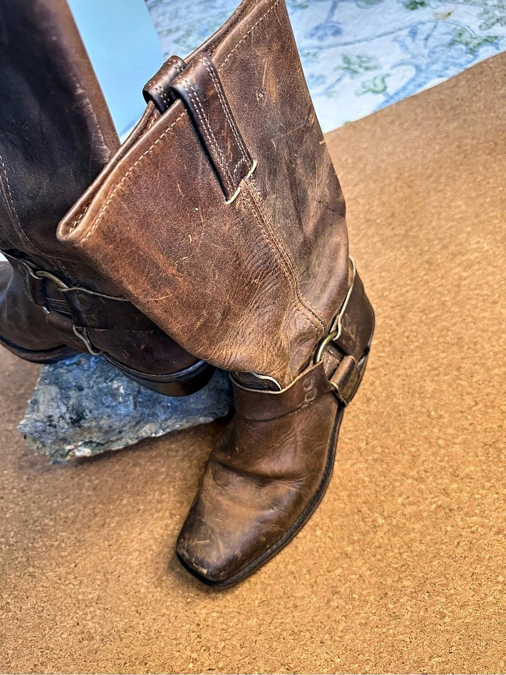 Frye Harness 12R calf boot in Brown & Blue